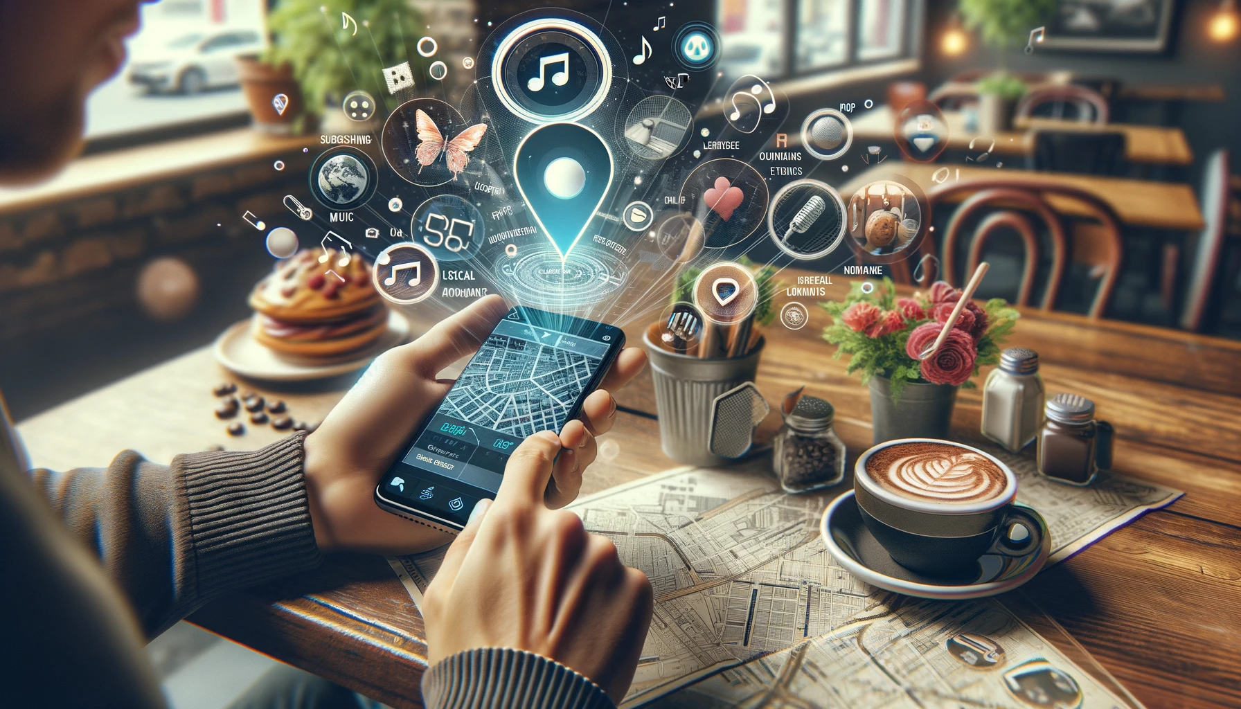 a music enthusiast using a location-based online radio app at a cozy café