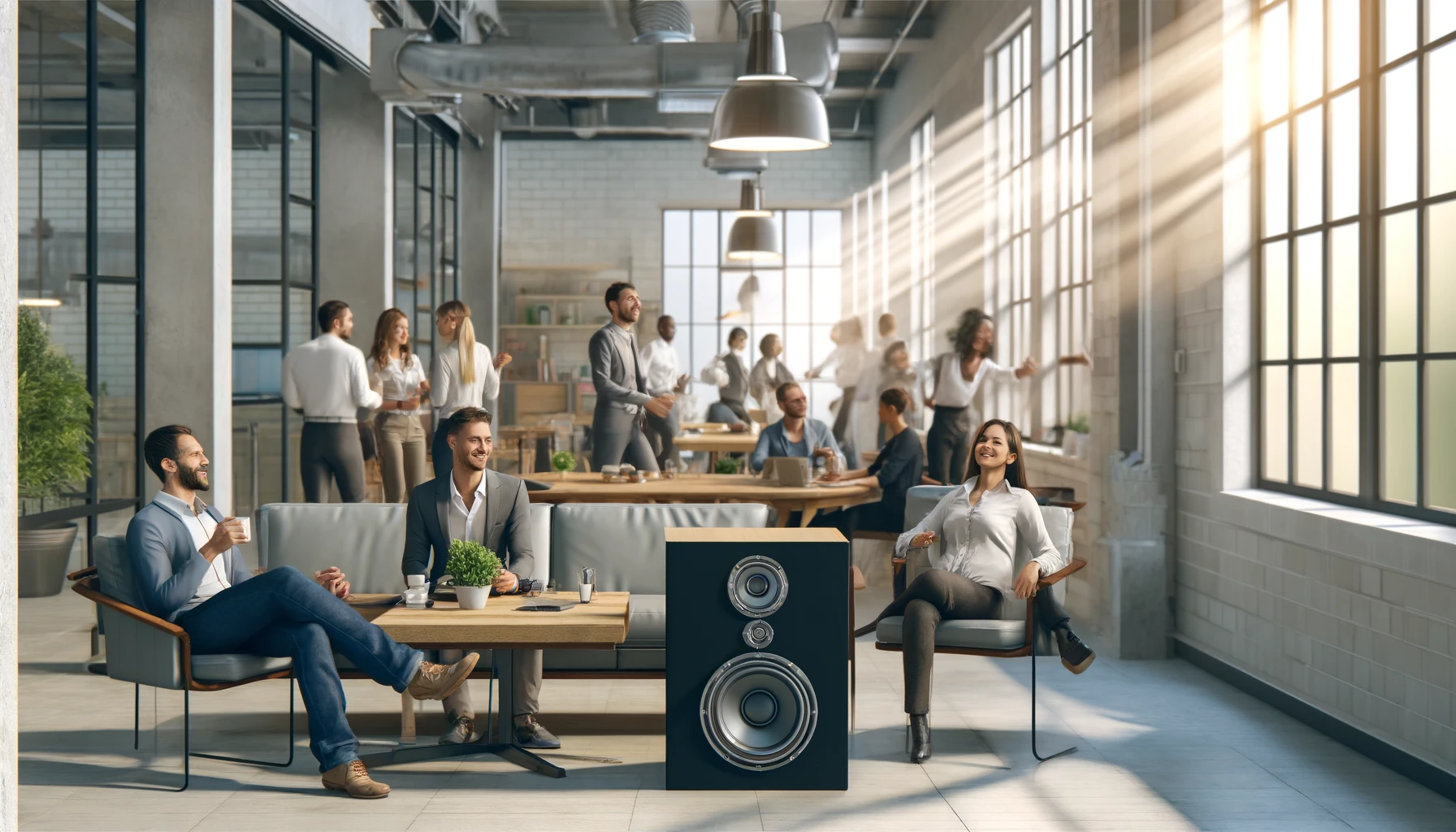 a group of people in a modern office setting, enjoying a break with music playing in the background