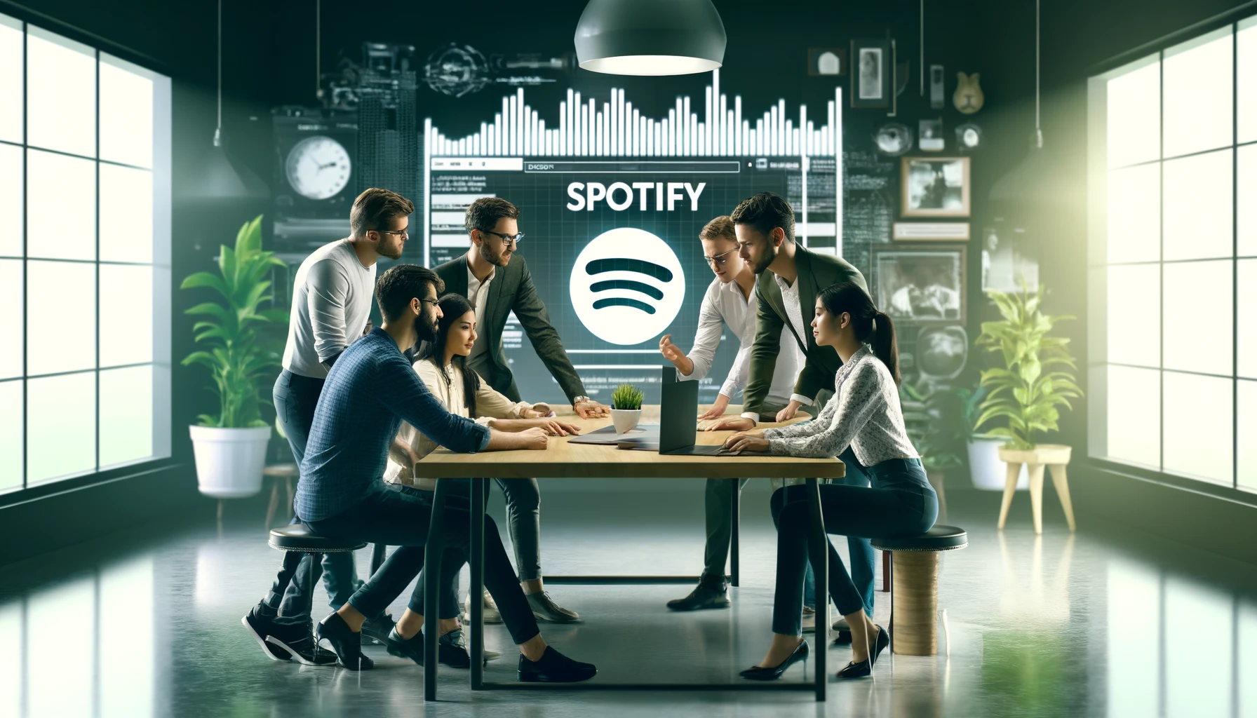 a modern office scene where a group of young professionals are gathered around a laptop, exploring Spotify