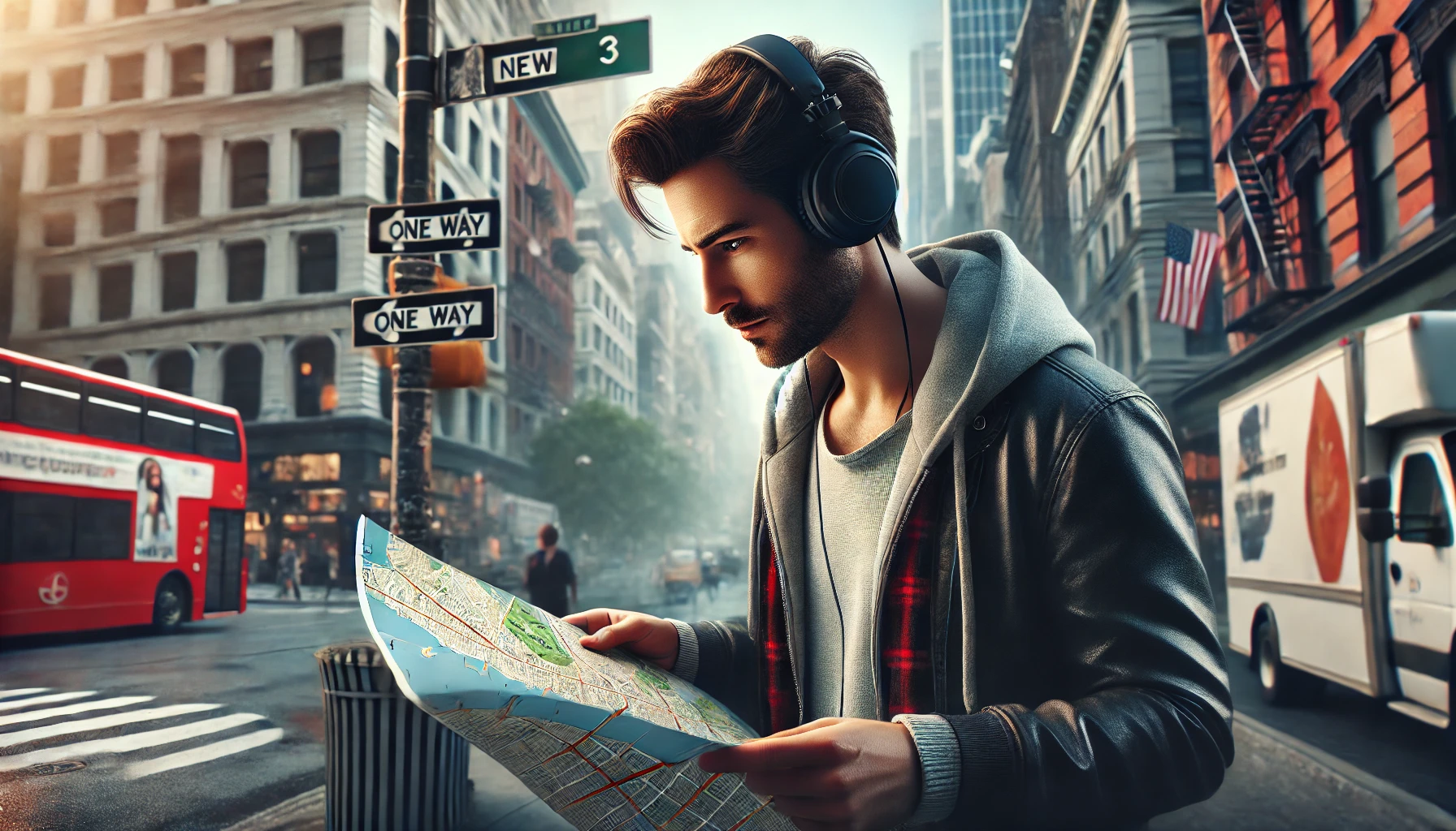 A man in casual clothing stands on a city street wearing headphones, intently studying a map, with urban buildings and pedestrians in the background.