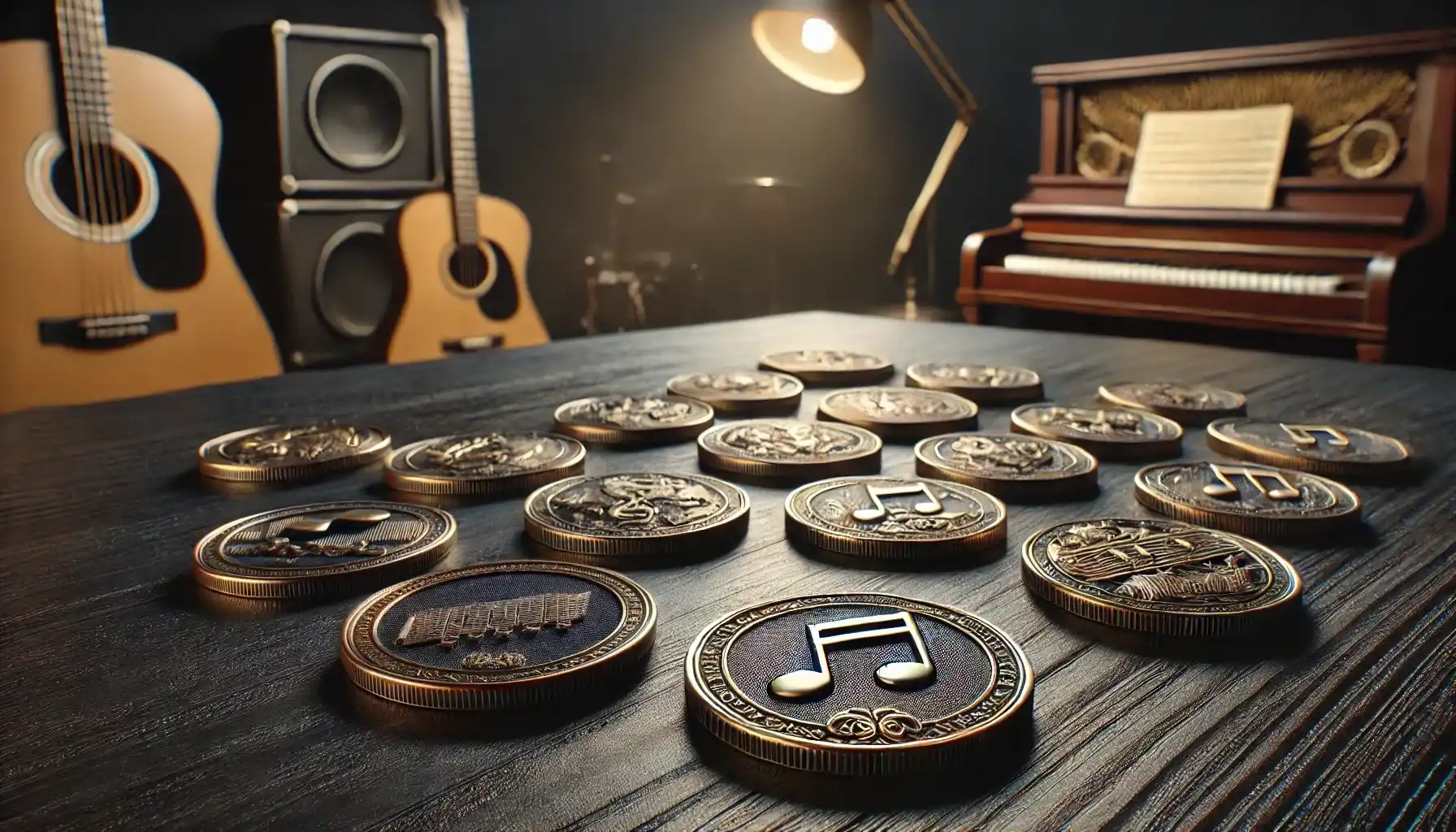 Eine Sammlung von musikalischen Gedenkmünzen auf einem dunklen Holztisch. 