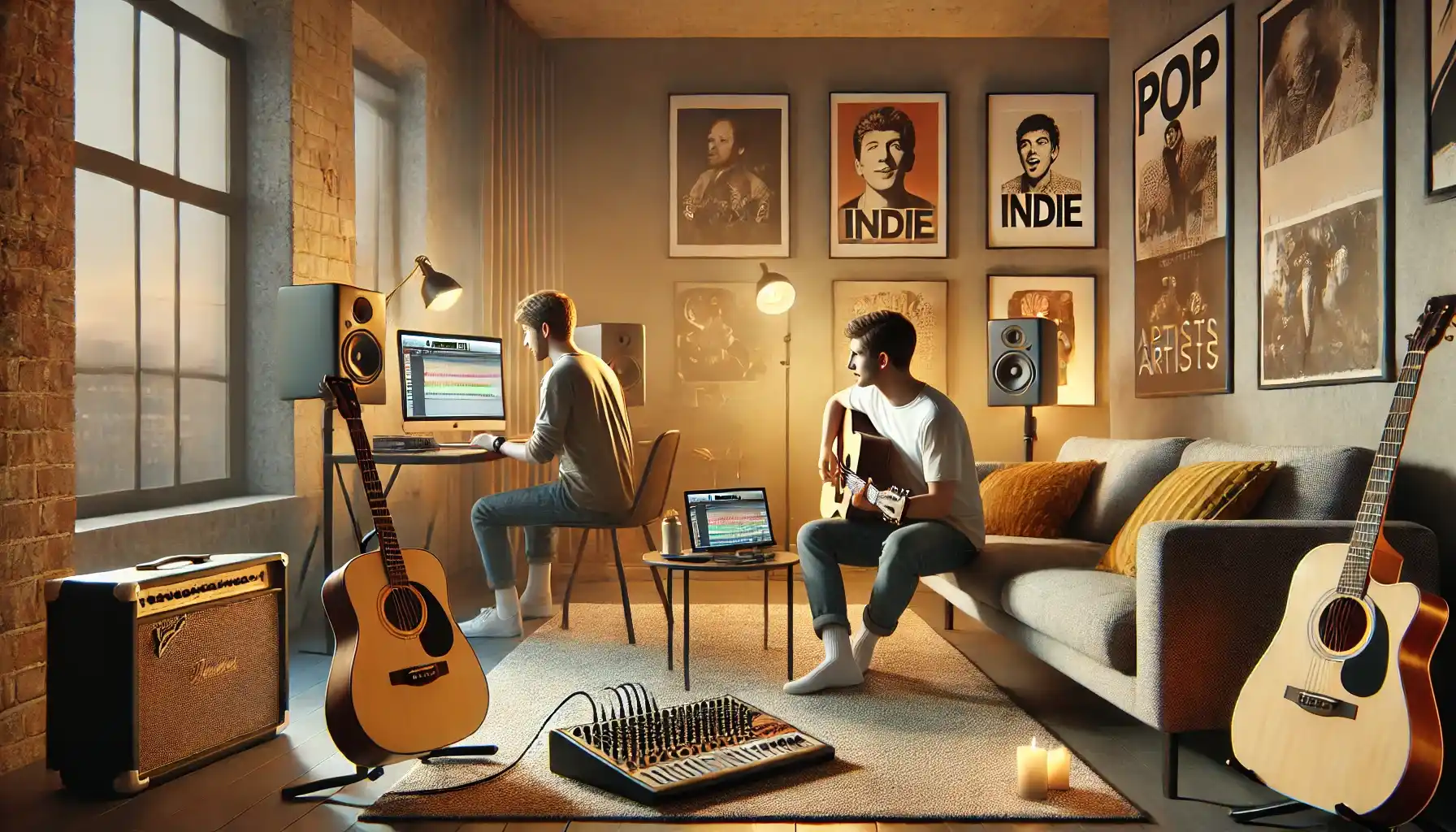 ein gemütlicher, moderner Innenraum für Musik, in dem zwei Musiker zusammenarbeiten, die das Pop- und Indie-Genre repräsentieren.