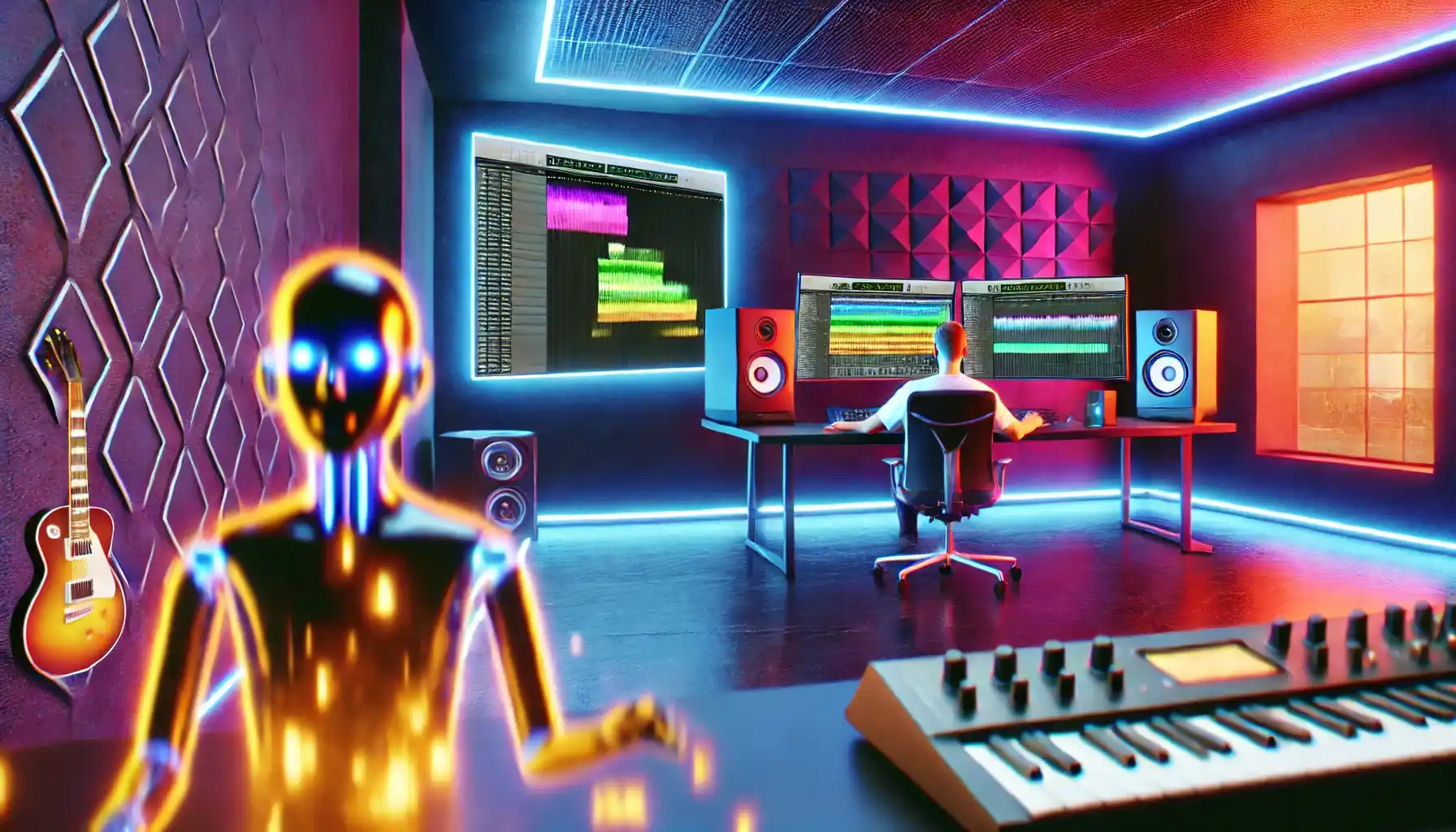 ein futuristisches Musikproduktionsstudio, das die Integration künstlicher Intelligenz hervorhebt.