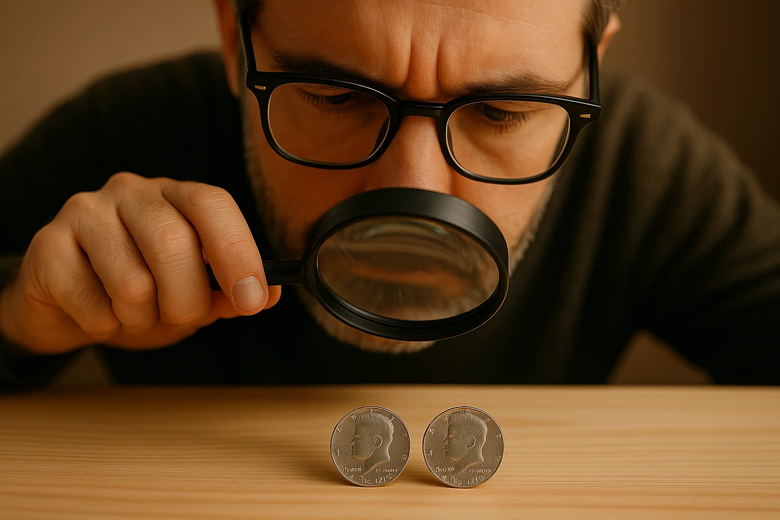 A middle-aged collector examines two 1976 Kennedy half dollars under a magnifying glass, comparing the copper and silver edges on a well-lit desk.