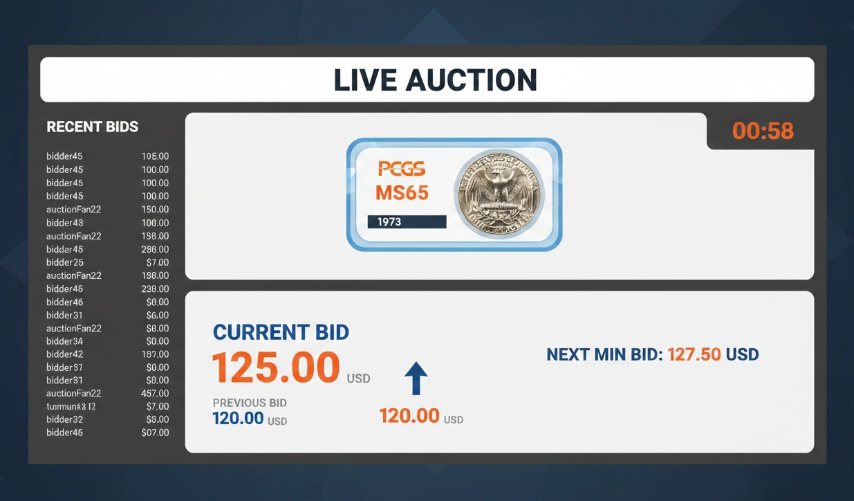 An auction board showing bids rising for a graded 1973 Washington quarter